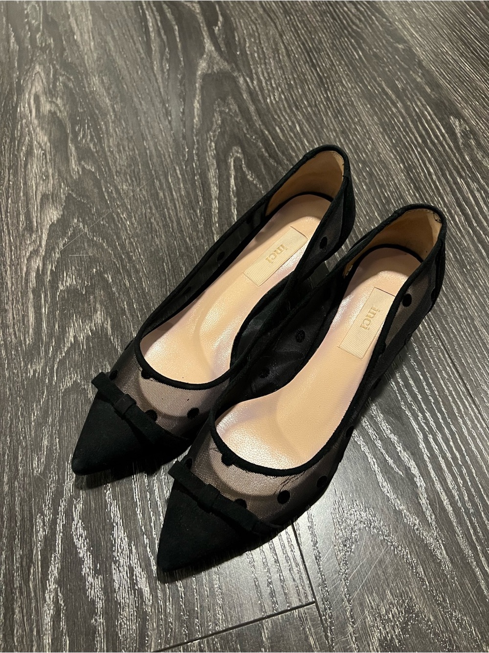 Black Real Leather & Mesh Polka Dot Pointed-Toe Pumps